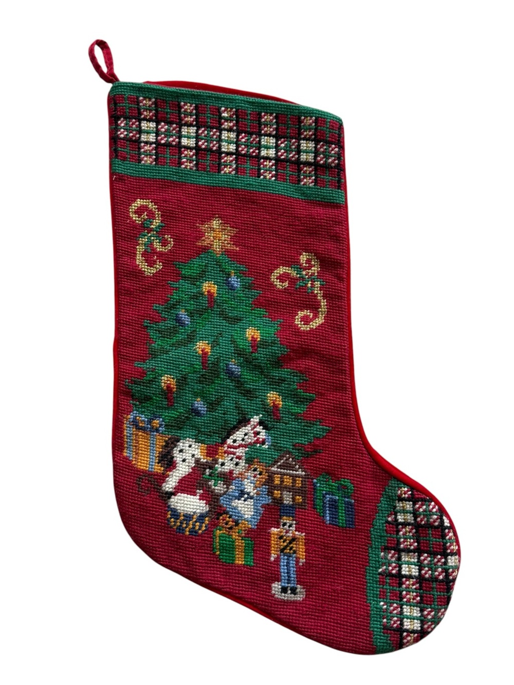 Vintage Wool Needlepoint Christmas Stocking Nutcracker Fir Grandmillennial Decor